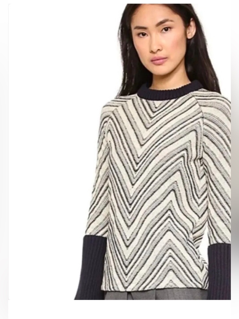 Tory Burch Chevron Knit Crewneck Sweater in Cream & Black